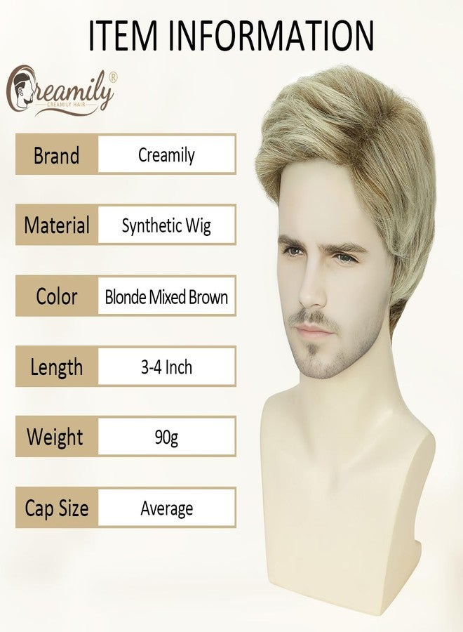 Creamily Mens Wigs Short Hair, Mens Hair Replacement Wig Realistic Mens's Blonde Mixed Brown Wig for Men Synthetic Hair Full Wigs for Male Guy Daily Wear - Image 3